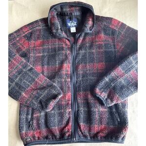 Vintage Woolrich Sherpa Fleece Jacket USA Red Black Plaid Full Zip Men's Medium